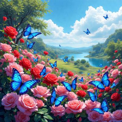 Primary subject: A field of flowers with butterflies flying around them.

Setting/background: The flowers are in a field, and there is a body of water in the background.

Visual style: The image is a digital art illustration.

Colors and mood: The dominant colors are pink and blue, with a serene and peaceful atmosphere.